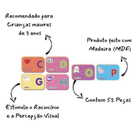 Brinquedo Educativo Didático Descobrindo o Alfabeto - Coleção Madeira Be A  Bá 52 Peças Grandes - Jogo Infantil Pré Escolar 3 Anos 4 Anos 5 Anos - Nig  Ref. 0421