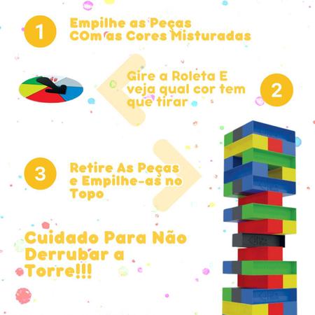 Imagem de Jogo Caiu Perdeu PRO 45 Peças de Plástico Colorido C/ Roleta Torre PAIS E FILHOS Jenga Jogos de Tabuleiro Passatempo Infantil 