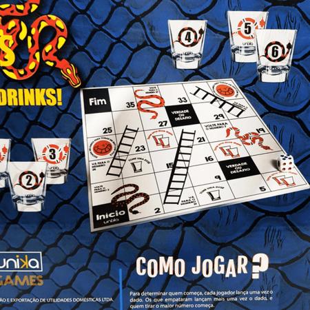 Jogo Cobras E Escadas Drinks tabuleiro Verdade Ou Desafio 6 Copos 1 Dado  RE92 - Unika - Jogo de Roleta Shot - Magazine Luiza
