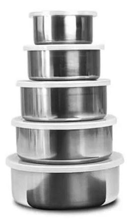 Imagem de Jogo Conjunto de Tigelas Para Alimentos Aço Inox Com Tampa 5 Peças Potes Bowl