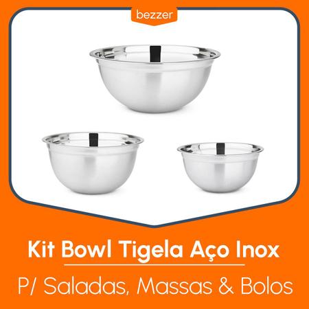 Imagem de Jogo de 3 Bowls Tigelas de Aço Inox Escovado 2 3 e 4,8 Litros ou 20 24 e 29 cm   Saladeira Carne Massa e Confeitaria