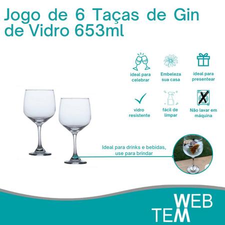 Imagem de Jogo de 6 Taças de Gin de Vidro 653ml para Drinks ou Sobremesas Resistentes Para Festas, Mesa Posta Elegante e Sustentável, Bares e Restaurantes