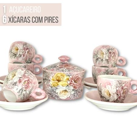 Jogo de 6 Xícaras de Café Cônica Coquinho 70 ml e Açucareiro de Porcelana  Pintado à Mão AZALEIA SILVESTRE ROSA/ROSA - PINTANDO ARTE ATELIÊ