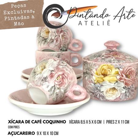 Jogo de 6 Xícaras de Café Cônica Coquinho 70 ml e Açucareiro de Porcelana  Pintado à Mão AZALEIA SILVESTRE ROSA/ROSA - PINTANDO ARTE ATELIÊ