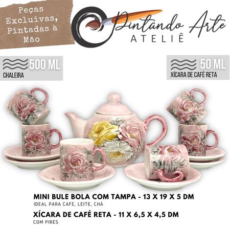 Jogo de 6 Xícaras de Café Cônica Coquinho 70 ml e Açucareiro de Porcelana  Pintado à Mão ROSAS BRANCA ROSA/ROSA CARAMELO