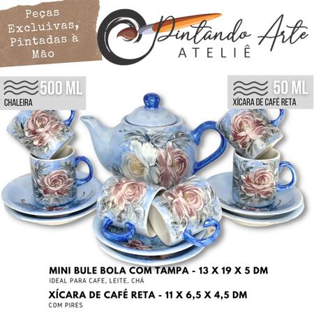 Jogo de 6 Xícaras de Café Reta 50 ml com Bule Chaleira Porcelana