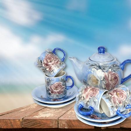 Jogo Bule Xicaras Cafe Cha Porcelana Flores Kit 08 Pecas