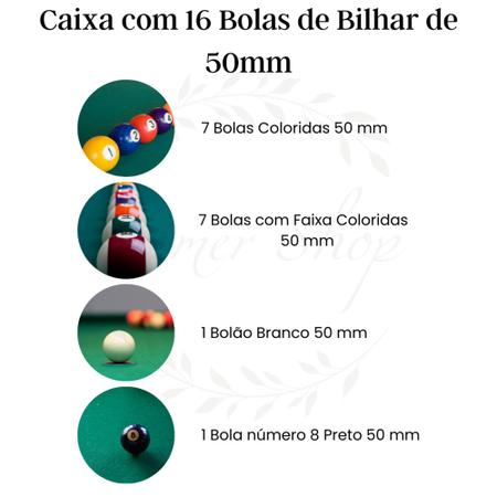 Jogo Bolas De Bilhar Sinuca Numeradas 52mm Snooker - Billiard - Bolas de  Sinuca / Bilhar - Magazine Luiza