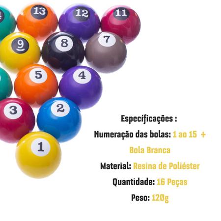 Jogo de Bolas de Bilhar Sinuca 50mm - Tacos Brasil - Bolas de