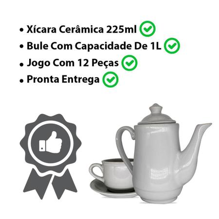 Jogo De Chá Café Bule Xícara Pires Cerâmica Branco 12 Peças