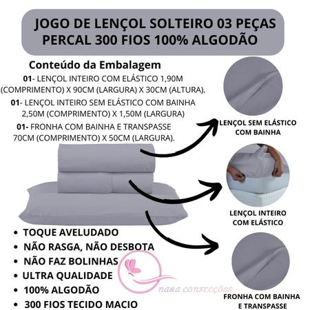 Imagem de Jogo de Cama Box Solteiro 03 peças 100% Algodão Lençol Liso Percal 300 Fios