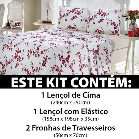 Imagem de Jogo de Cama Queen 4 peças Lençol com Elástico 100% Algodão Percal 130 Fios 158x198x35cm - Dohler