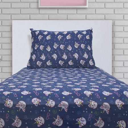 Imagem de Jogo de Cama Solteiro Doce Vida Malha Misto Estampado Gatocornio 2 Pçs com Elastico Azul