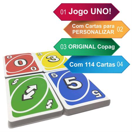 Jogo de Cartas Uno Baralho Para Personalizar Certificado Inmetro Copag  Original - BARALHO JOGO DE CARTA UNO PARA PERSONALIZAR - Deck de Cartas -  Magazine Luiza