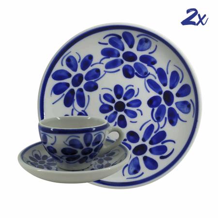 Jogo de chá em porcelana azul e branca, esmaltada, com