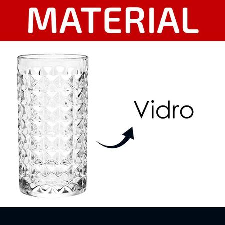 Jogo de Copos Alto Diamond Vidro Transparente 300ml 6 peças