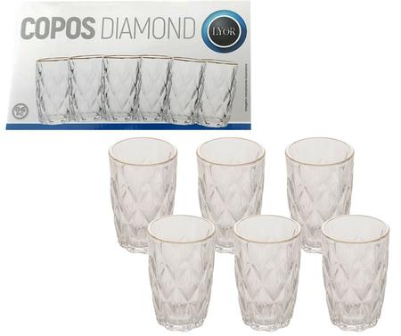 Jogo de Copos de Vidro com 6 Peças Diamond Transparente Fio de Ouro 350ml -  Lyor