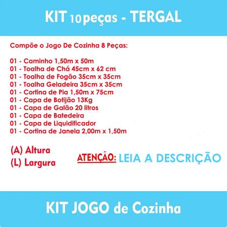 Kit 1 Jogo Cozinha Tergal 8 Peças Cortina Estampado Promoção
