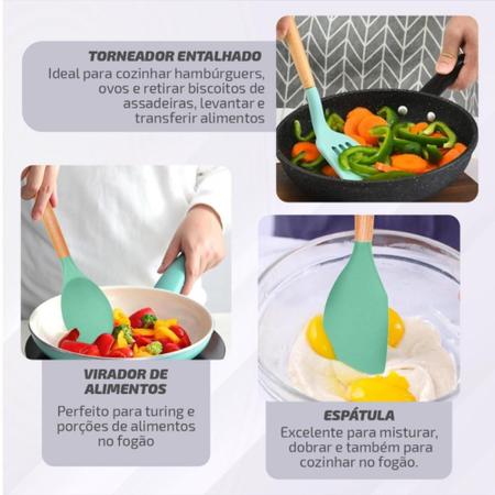 Imagem de Jogo de Cozinha Kit C/12 Peças Utensílios de Cozinha em Silicone e Cabo de Madeira Antiaderentes - Para Cozinha