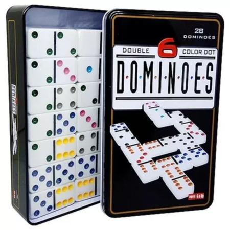 Jogo de Domino Colorido 6 Cores 1CX Lata e Plástico c/28 Peças EM OFERTA