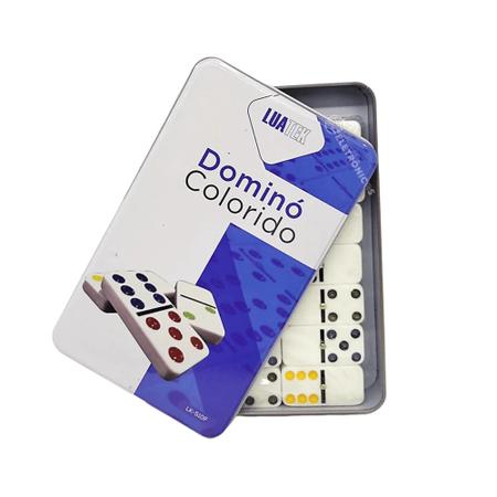 Dominó Dominoes com 28 Peças de 9mm e Estojo Lata + Baralho MB Teach com  108 Cartas