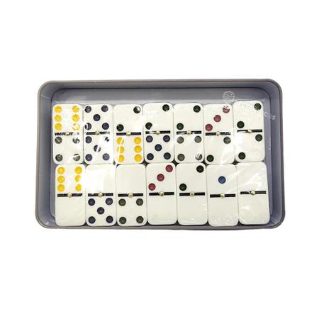 Dominó Dominoes com 28 Peças de 9mm e Estojo Lata + Baralho MB Teach com  108 Cartas