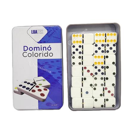 Dominó Dominoes com 28 Peças de 9mm e Estojo Lata + Baralho MB Teach com  108 Cartas