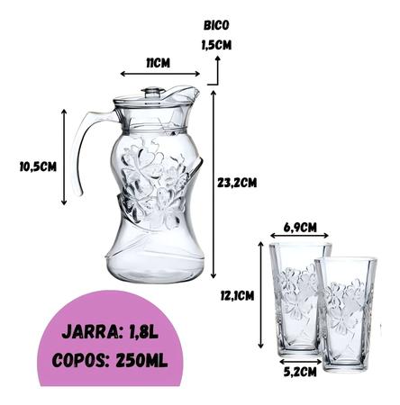 Imagem de Jogo De Jarra 1,8L Com 6 Copos 250ml Em Vidro Para Água Suco