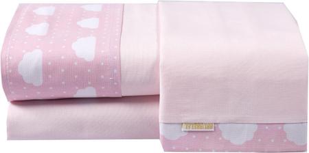 Jogo de lençol de berço 3 peças com vira 100% algodão Nuvem rosa