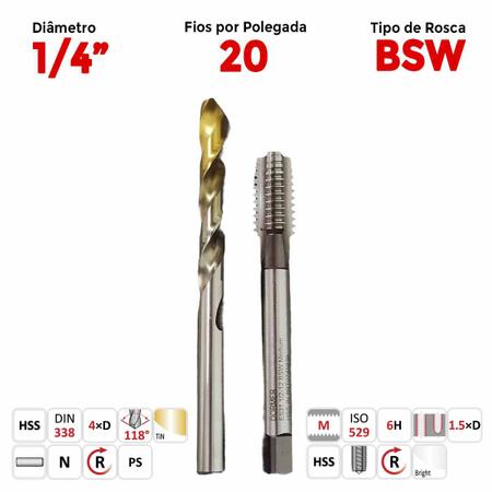 Imagem de Jogo de Macho Manual com Broca 1/4 20F Aço Rápido BSW DORMER