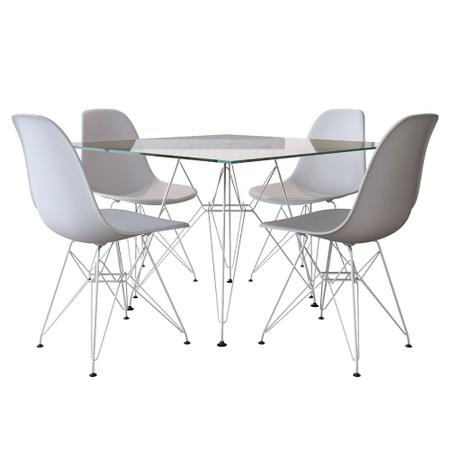 Imagem de Jogo de Mesa Eames de Ferro Branco e Tampo Quadrado Vidro 90cm - 4 Cadeiras Brancas