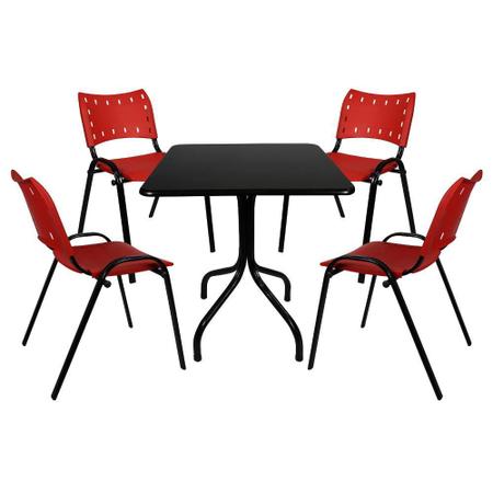 Imagem de Jogo de Mesa Moema 70x70 Preta Com 4 Cadeiras Empilhável Iso Vermelha