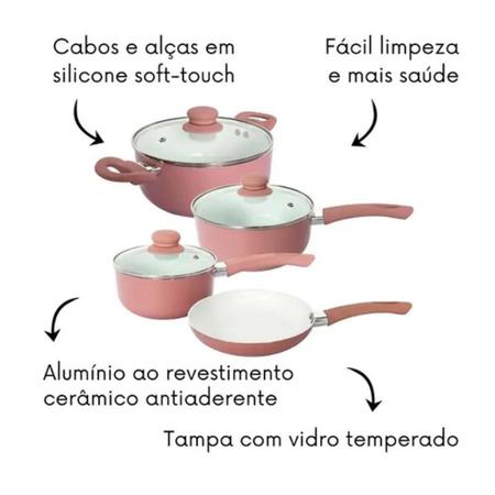 JOGO DE PANELA ROSE 4 PECAS COM REVESTIMENTO CERAMICO TAMPA DE