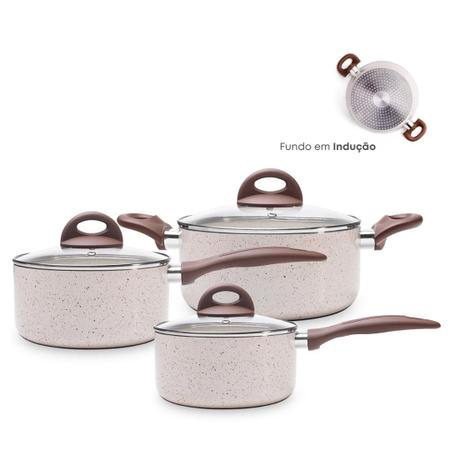Imagem de Jogo de Panelas Antiaderente Cerâmica Vanilla Cooktop Fogão Indução Kit 3 Peças Conjunto Brinox
