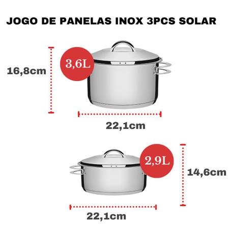 Jogo de Panelas Tramontina Aço Inox Fundo Triplo Cooktop Fogão Indução 3  Peças Solar