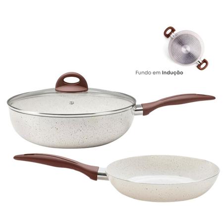 Imagem de Jogo de Panelas Wok Antiaderente Ceramica Vanilla Cooktop Fogão Indução Kit 2 Peças Conjunto Brinox