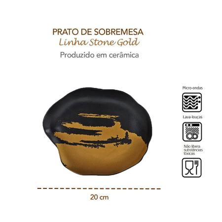 Imagem de Jogo de Prato Raso Sobremesa Preto Dourado Ceramica Fosco Stone 12un