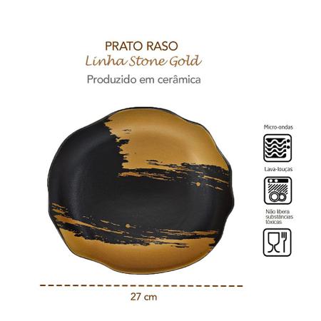 Imagem de Jogo de Prato Raso Sobremesa Preto Dourado Ceramica Fosco Stone 12un