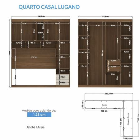 Imagem de Jogo De Quarto Casal Modulado Lugano Com Guarda Roupa 3 Portas, Armario Areo e Criado