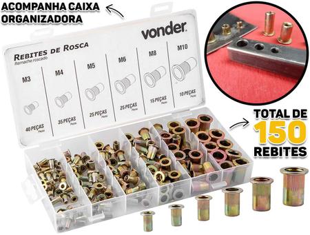 Imagem de Jogo De Rebites De Rosca Aço Carbono Tamanhos M3 A M10 Com 150 Peças Para Rebitadores Manuais Ou Pneumáticos Vonder