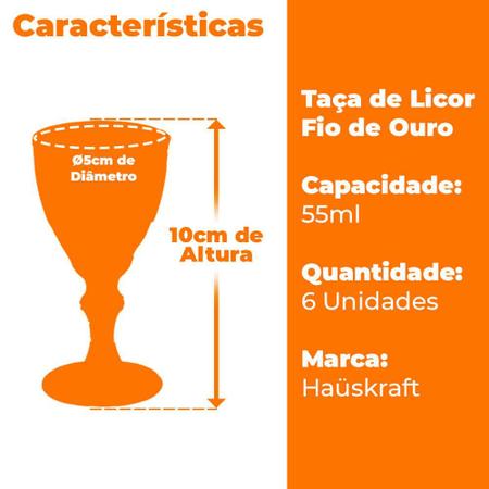 Imagem de Jogo de Taças de Vidro Licor Fio de Ouro Dominic 55ml 6 peças - Hauskraft Premium