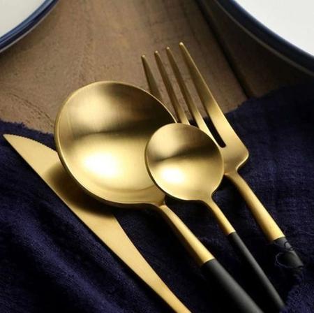 Imagem de Jogo De Talheres P Aparelho De Jantar Faqueiro Inox Dourado Rosê Dourado/Preto 24 Peças Utensílios de Cozinha Completo