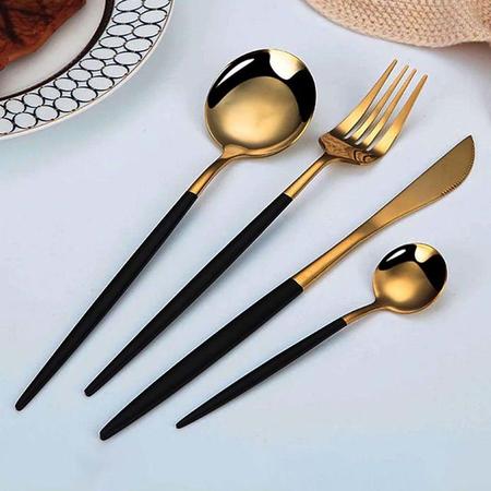 Imagem de Jogo De Talheres P Aparelho De Jantar Faqueiro Inox Dourado Rosê Dourado/Preto 24 Peças Utensílios de Cozinha Salada Bar Buffet