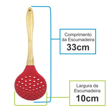 Imagem de Jogo de Talheres Utensílios de Cozinha em Silicone Cabo Madeira Kit 4 Peças Colher Concha Escumadeira Pegador Vermelho
