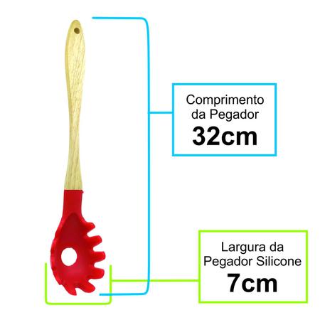 Imagem de Jogo de Talheres Utensílios de Cozinha em Silicone Cabo Madeira Kit 4 Peças Colher Concha Escumadeira Pegador Vermelho