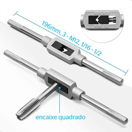 Imagem de Jogo de Tarraxas e Macho HSS 8 Peças Lorben Abrir Roscas M3 a M12 Manopla Universal