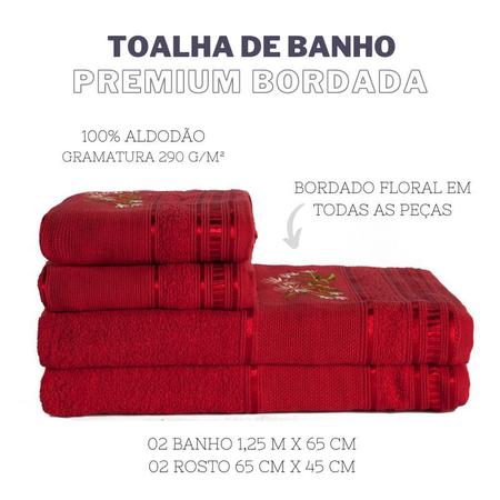 Imagem de Jogo De Toalha De Banho 4 Pçs Premium Bordada Vermelho Real