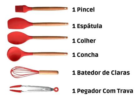 JOGO DE COZINHA SILICONE 7 PÇ VERMELHO - Santa Luna