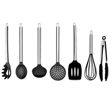 Imagem de Jogo de utensilios para cozinha em silicone c/ pegador 7 pçs preto