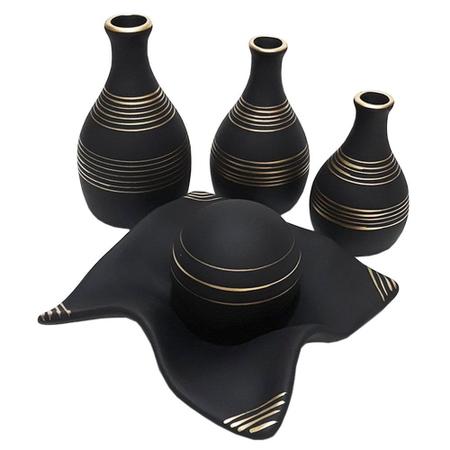Imagem de Jogo de Vasos Trio Garrafas e Centro de Mesa em Cerâmica Fosca - Black Gold